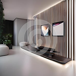 A minimalist living room with cutting-edge nanotech-infused surfaces and interactive holographic artwork1