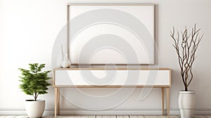 minimalist living room featuring a blank picture frame, a wooden console table, and tastefully placed potted plants