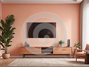 Minimalist living room interior with blank screen tv display on peach color wall with sunlight reflection from the window and