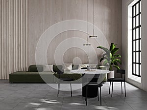 Minimalist living room interior with dining area, modern green sofa and wooden walls. Interior mockup, 3d render