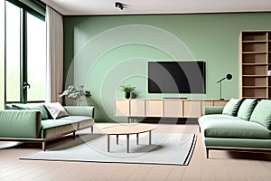 Minimalist living room interior with display tv on Wooden cabinet and floor. green wall. Generative ai