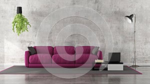 Minimalist living room with purple sofa