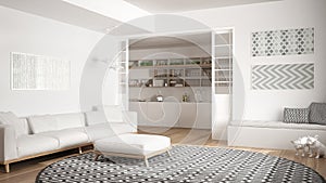 Minimalist living room with sofa, big round carpet and kitchen i