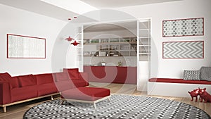 Minimalist living room with sofa, big round carpet and kitchen i