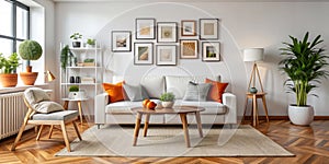 Minimalist Living Room with White Sofa, Orange Pillows, and a Gallery Wall of Framed Artwork photo