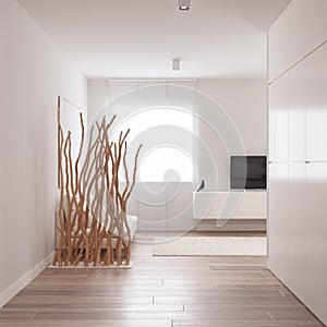 Minimalist living room in white tones with parquet floor. Fabric sofa with wooden bamboo screen. Modern interior design