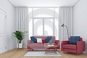 Minimalist living room with windows and white curtains, Sofa and armchair, wooden floor. 3d rendering