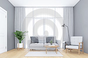 Minimalist living room with windows and white curtains, Sofa and armchair, wooden floor. 3d rendering