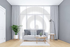 Minimalist living room with windows and white curtains, Sofa and armchair, wooden floor. 3d rendering