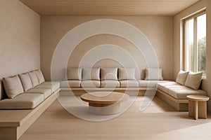minimalist living space with built-in bench seating and soft textures photo
