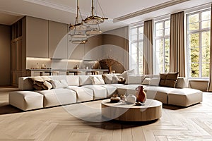 Minimalist Living Studio Apartment Showcasing Beige Sofa and Pouf in Modern Living Room Home Interior Design. created with