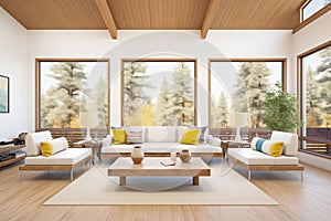 minimalist log cabin living room with panoramic glass windows and forest backdrop