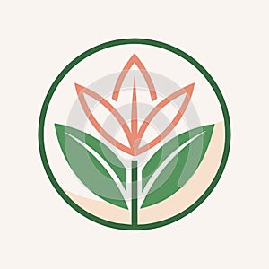 Minimalist logo for a vegan makeup brand featuring a green and orange flower encircled, A minimalist logo for a vegan makeup brand