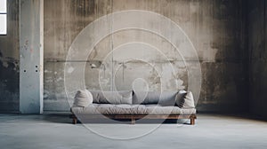 Minimalist Lounge Sofa In Concrete Interior: Editorial Style Photo