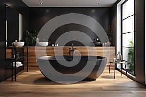 bathtub black interior bathroom wood architecture luxury design home furniture modern. Generative AI.