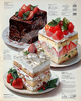 Magazine-style page showing three cakes in distinct styles with labels and sketches, airy modern
