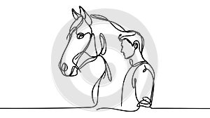 Minimalist man with horse one-line. Vector illustration. Continuous one-line drawing