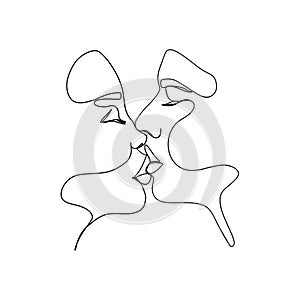 Minimalist man woman one line drawing. Love couple kiss abstract style, continuous line art print. Vector illustration