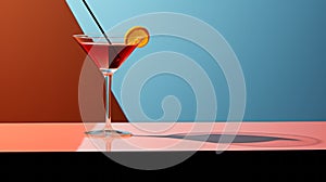 Minimalist Martini: Dark Sky-blue And Light Crimson Cocktail With Orange Slice