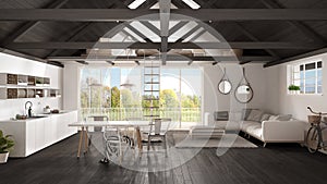 Minimalist mezzanine loft, kitchen, living and bedroom, wooden r