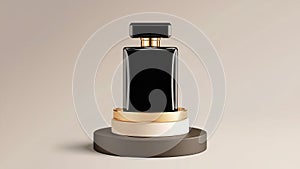 Minimalist Mockup of Black Perfume Bottle on Neutral Podium photo