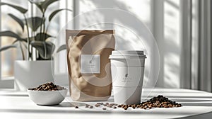 Minimalist White Artisanal and Ecological Coffee Brand Mockup with Windowed Packaging and White Label Tag on White Bag photo