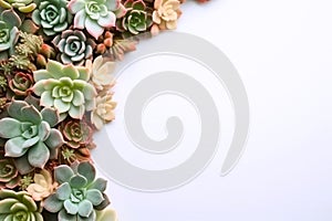 minimalist modern banner or header with succulent plants on a white surface with copyspace for text.top view, flat lay
