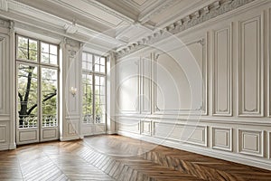 Modern classic white empty interior with wall panels