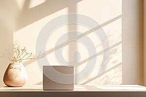 Minimalist Modern Home Interior with Vase and Blank Canvas on Window Ledge in Morning Light