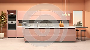 Minimalist modern kitchen design in fashionable trendy color Peach. Ideal for home decor, real estate listings, interior