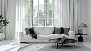 Minimalist Modern Living Room with White Sofa, Black Pillows, and Curtains