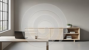 Minimalist Modern Office Desk with Laptop and Shelves