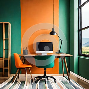 minimalist modern room interior with pale green and orange colors