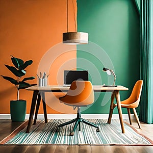 minimalist modern room interior with pale green and orange colors