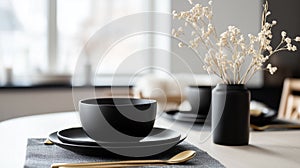 A minimalist and modern table setting with a focus on clean lines and simple forms
