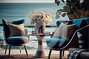 modern terrace with relax area, armchairs and table for breakfast, panoramic sea ocean photo