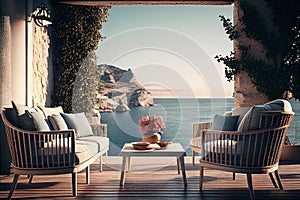 modern terrace with relax area, armchairs and table for breakfast, panoramic sea ocean photo