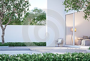 Minimalist modern white house exterior with swimming pool terrace 3d render