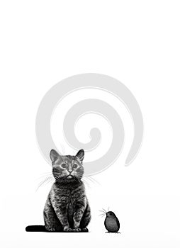 minimalist monochrome illustration of black and white cat and mouse