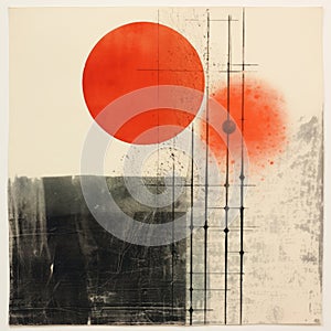 Minimalist Monotype Print: Retro-inspired Industrial Landscape With Red Circle And Lines