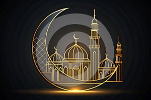 Minimalist Mosque Silhouette with Crescent Moon in Golden Lines on Dark Background photo