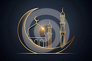 Minimalist Mosque Silhouette with Crescent Moon in Golden Lines on Dark Background photo
