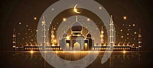 Minimalist mosque silhouette with crescent moon and golden lines on dark background