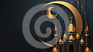 Minimalist mosque silhouette with crescent moon in golden lines on dark background