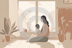 Minimalist Mother\'s Day illustration that depicts a mother and child in a peaceful indoor setting.