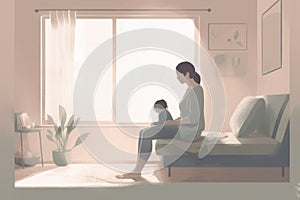 Minimalist Mother\'s Day illustration that depicts a mother and child in a peaceful indoor setting.