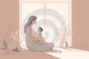 Minimalist Mother\'s Day illustration that depicts a mother and child in a peaceful indoor setting.