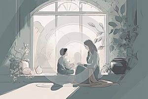 Minimalist Mother\'s Day illustration that depicts a mother and child in a peaceful indoor setting.