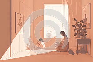 Minimalist Mother\'s Day illustration that depicts a mother and child in a peaceful indoor setting.