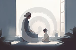 Minimalist Mother\'s Day illustration that depicts a mother and child in a peaceful indoor setting.